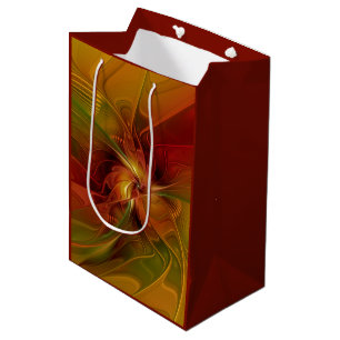 Sac Cadeau Moyen Abstrait Rouge Orange Brown Vert Fractal Art Flowe