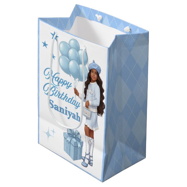 Sac Cadeau Moyen Ado fashionista Girl Bleu stylish voeux d'annivers (Devant Angle)