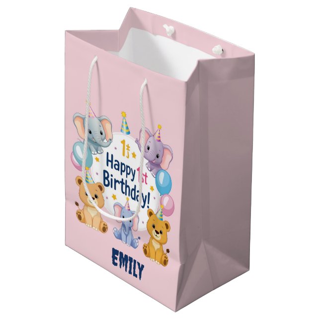 Sac Cadeau Moyen Adorable Animaux Joyeux 1er Anniversaire Cadeau Sa (Devant Angle)