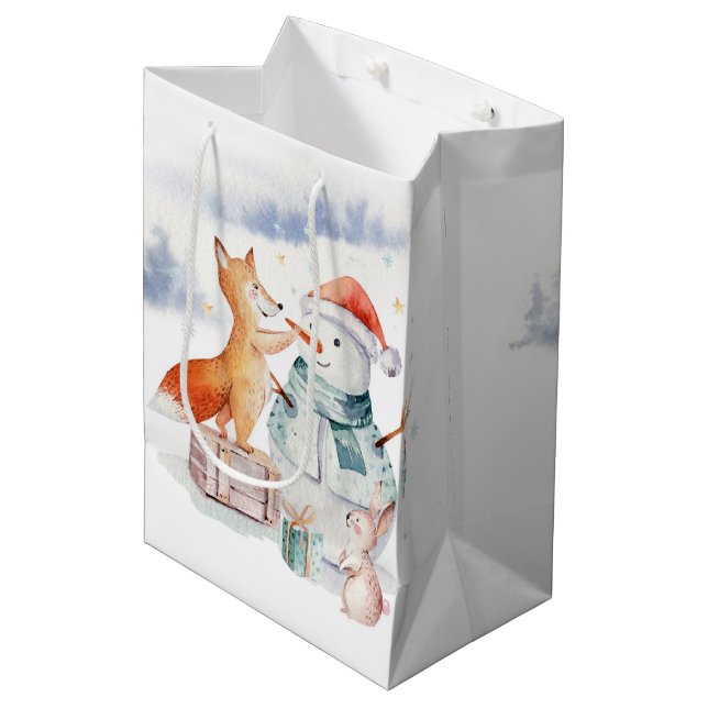 Sac Cadeau Moyen adorable Noël Snowman & Fox (Devant Angle)