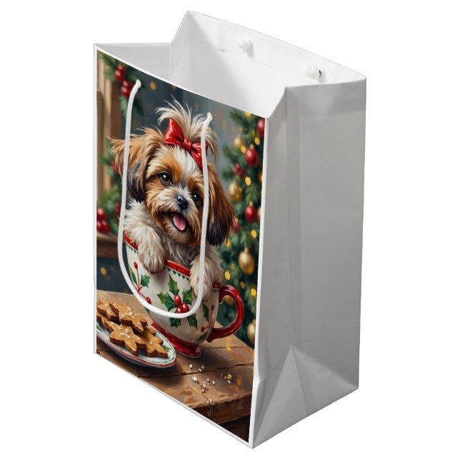 Sac Cadeau Moyen Adorable Shih Tzu Dog in Christmas Mug Cozy Art (Devant Angle)