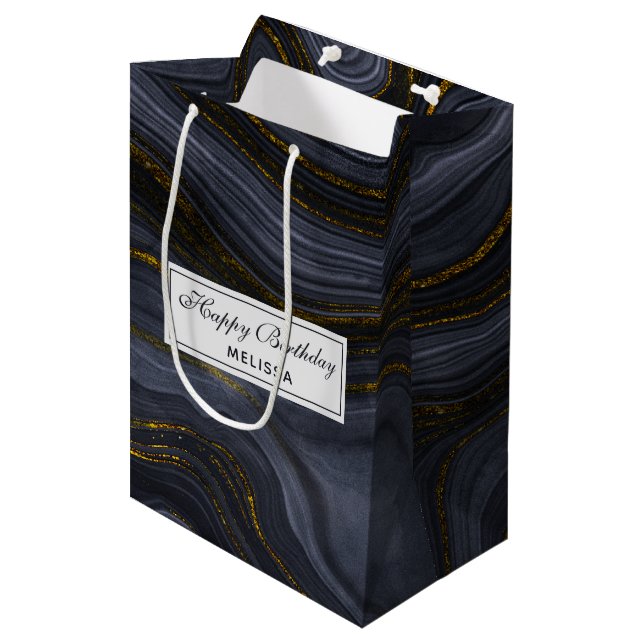 Sac Cadeau Moyen Agate moderne Black & Gold Pierre Abstrait Anniver (Devant Angle)