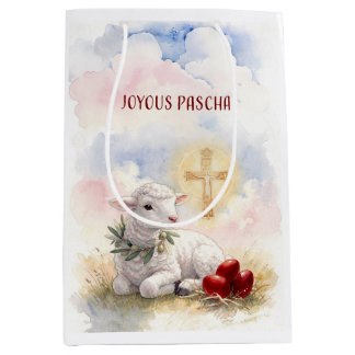Sac Cadeau Moyen Agneau joyeux de Pâques, œufs rouges et croix