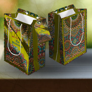 Sac Cadeau Moyen Aïd d'or Moubarak motif ornemental Jaune Vert