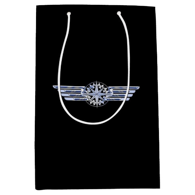 Sac Cadeau Moyen Air Pilote Chrome comme ailes Compass sur noir (Devant)