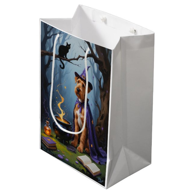 Sac Cadeau Moyen Airedale Chien Whimsical Halloween Peinture (Devant Angle)
