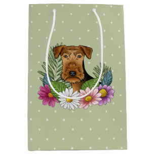 Sac Cadeau Moyen Airedale Terrier Fleurs colorées Vert
