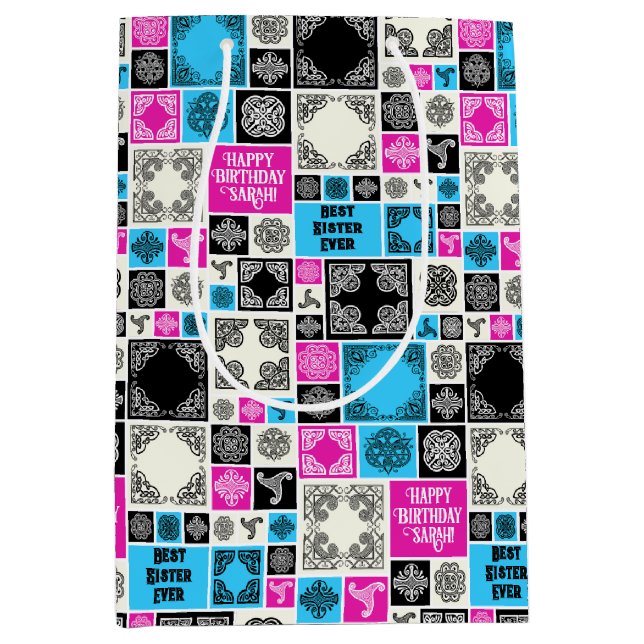 Sac Cadeau Moyen Ajouter Nom & Relation Anniversaire Magenta & Bleu (Devant)