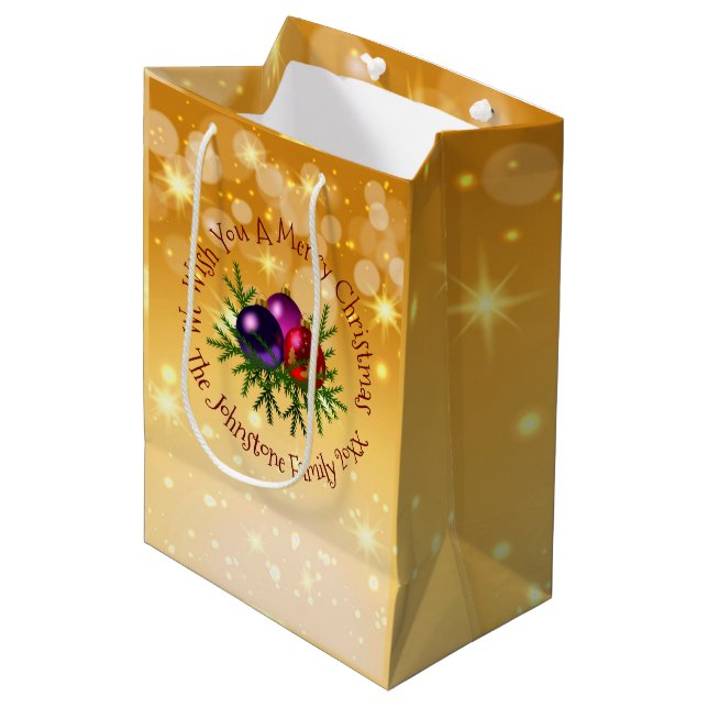 Sac Cadeau Moyen Ajouter un nom Correspondant Noël sur Gold Medium  (Devant Angle)