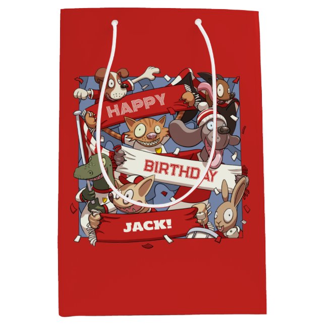Sac Cadeau Moyen Ajouter Votre Nom Joyeux Anniversaire Animaux Fans (Devant)