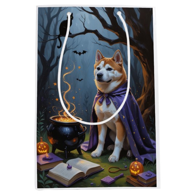 Sac Cadeau Moyen Akita Chien Whimsical Halloween peinture (Devant)