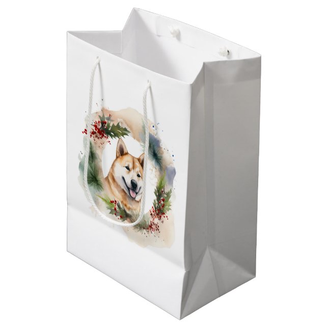 Sac Cadeau Moyen Akita Christmas Wreath Festive Pup (Devant Angle)