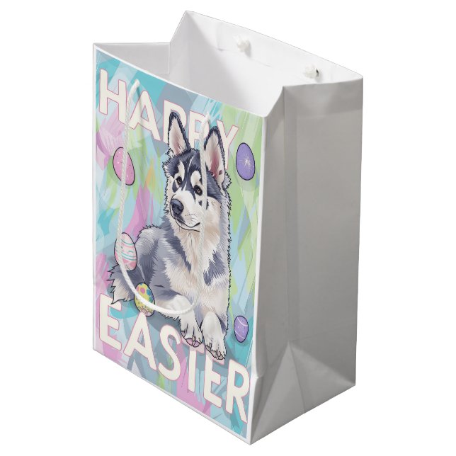Sac Cadeau Moyen Alaskan Malamute Joyeuses Pâques (Devant Angle)