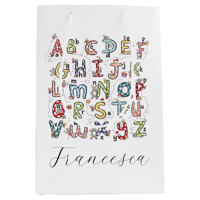 Sac Cadeau Moyen Alphabet Lapins, Papillons, Fées & Fleurs  (Devant)