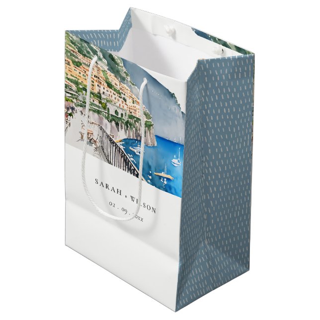 Sac Cadeau Moyen Amalfi Coast Italie Aquarelle Mariage Paysage (Devant Angle)