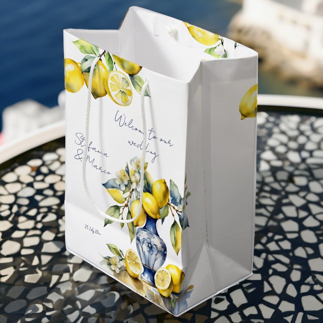 Sac Cadeau Moyen Amalfi tuiles bleues italiennes citrons mariage ac (Amalfi Italian blue tiles lemons wedding welcome favor Bag blue ceramic vase with lemons favor bag)