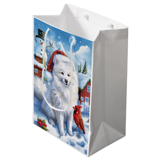 Sac Cadeau Moyen American Eskimo Dog Winter Wonderland Noël (Devant Angle)