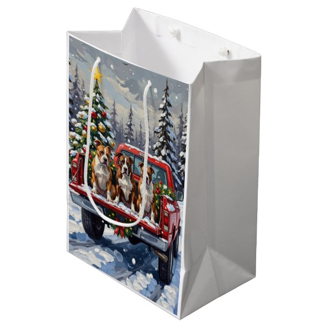 Sac Cadeau Moyen American Staffordshire Terrier Christmas Red Truck (Devant Angle)