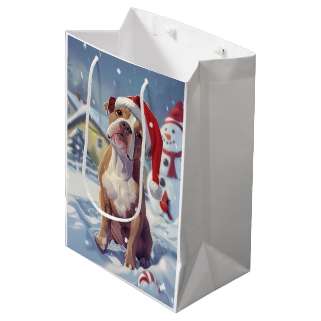 Sac Cadeau Moyen American Staffordshire Winter Wonderland Noël (Devant Angle)