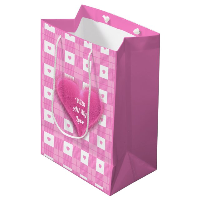 Sac Cadeau Moyen Amour moderne Plaid Pink Heart Collection (Devant Angle)