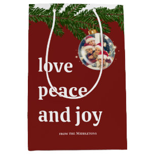 Sac Cadeau Moyen Amour Paix Joie Noël Photo Famille Rouge Bourgogne