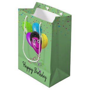 Sac Cadeau Moyen Amusant Balloon d'anniversaire visage sur vert