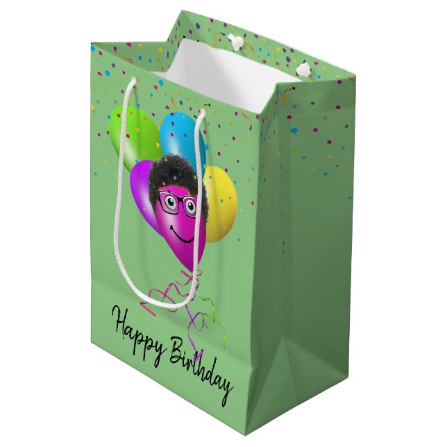 Sac Cadeau Moyen Amusant Balloon d'anniversaire visage sur vert (Devant Angle)