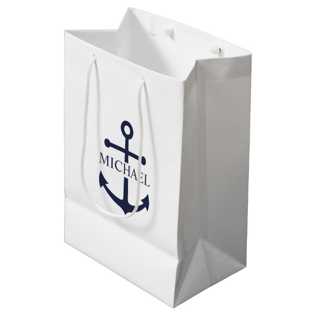 Sac Cadeau Moyen Ancre bleue marine Nom personnalisé (Devant Angle)