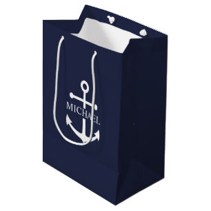 Sac Cadeau Moyen Ancre bleue marine Nom personnalisé