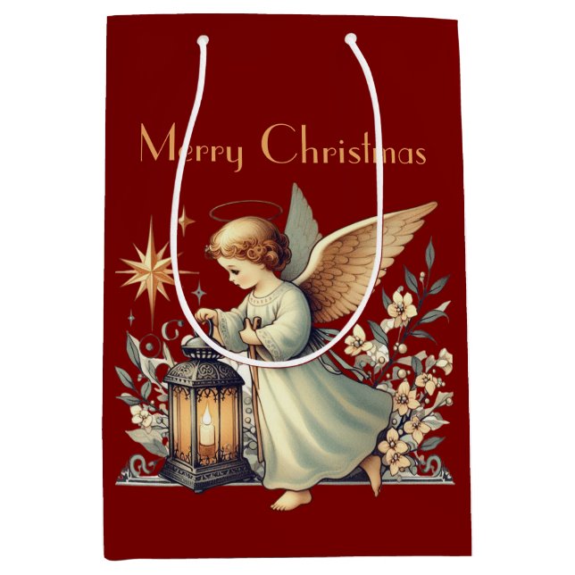 Sac Cadeau Moyen Ange de Noël et lanterne (Devant)