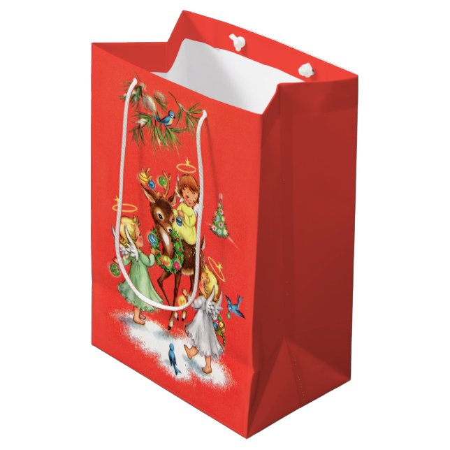 Sac Cadeau Moyen Anges de Noël rétro vintage (Devant Angle)