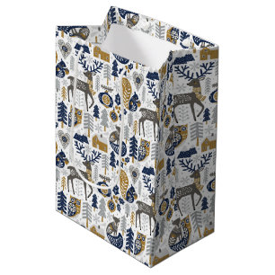 Sac Cadeau Moyen Animaux de la forêt scandinave Flocons de neige No
