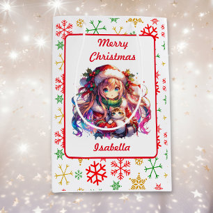 Sac Cadeau Moyen Anime Girl in Santa Hat Aquarelle Noël