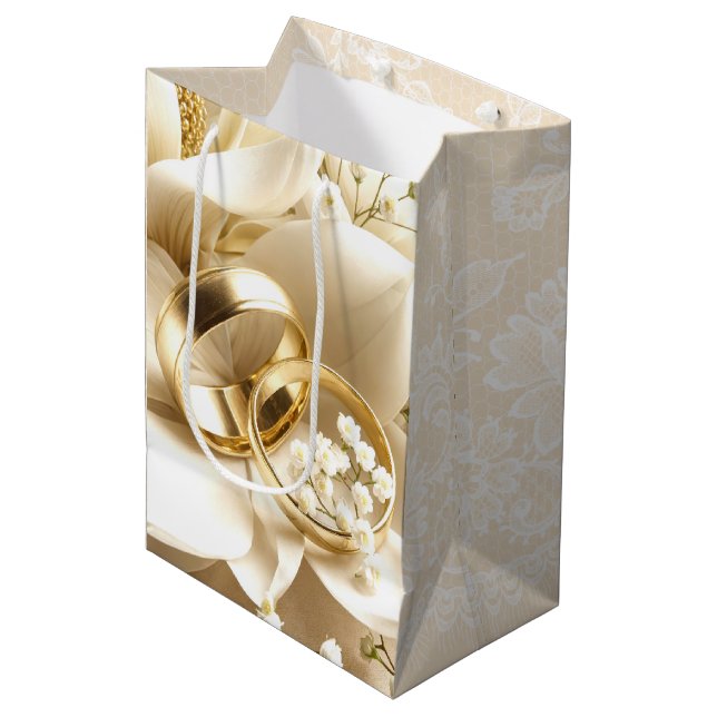 Sac Cadeau Moyen Anneaux mariages Sur Fleur Magnolia (Devant Angle)