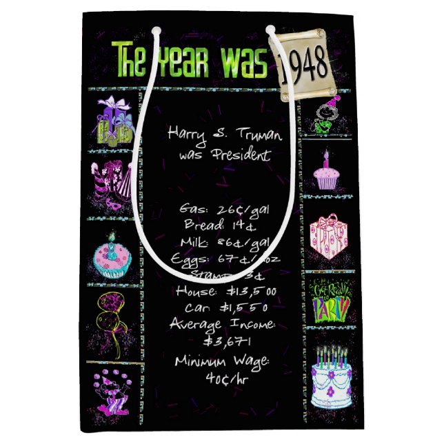 Sac Cadeau Moyen Année De Naissance 1948 Fun Trivia On Black (Devant)