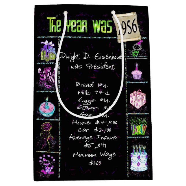 Sac Cadeau Moyen Année De Naissance 1956 Fun Trivia On Black (Devant)