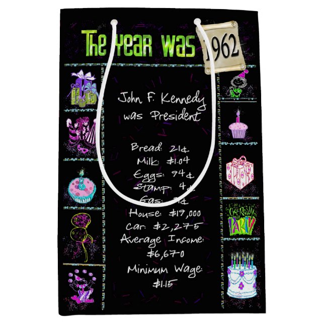 Sac Cadeau Moyen Année De Naissance 1962 Fun Trivia On Black (Devant)