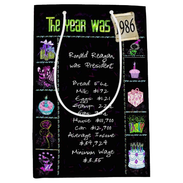 Sac Cadeau Moyen Année De Naissance 1986 Fun Trivia On Black (Devant)