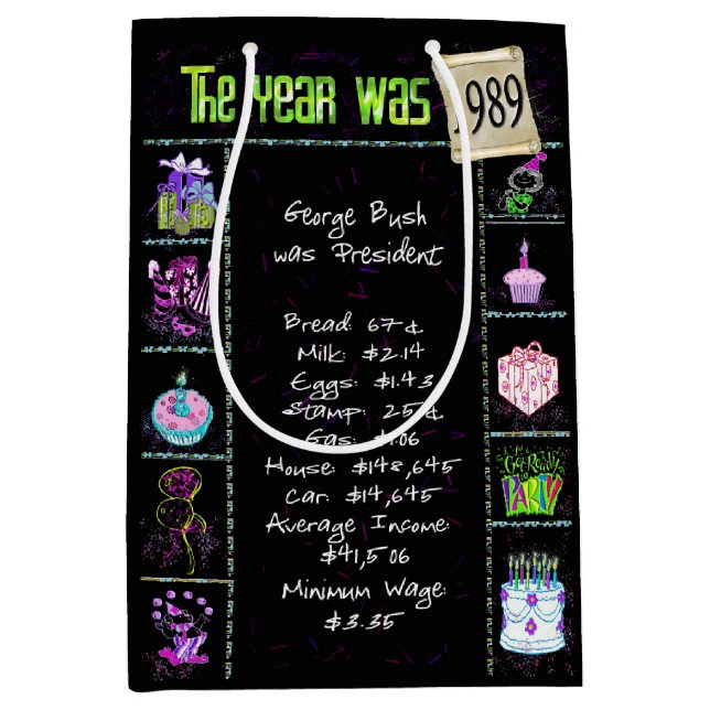 Sac Cadeau Moyen Année De Naissance 1989 Fun Trivia On Black (Devant)