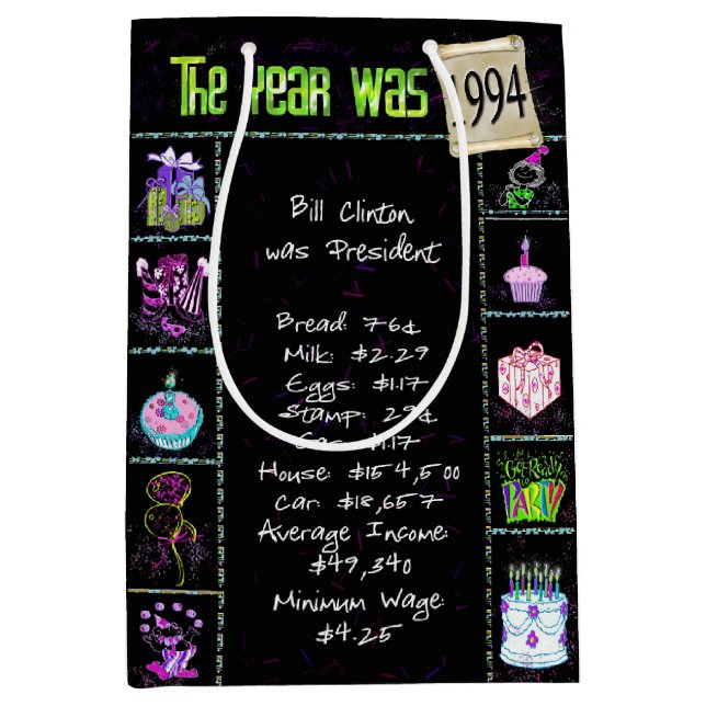 Sac Cadeau Moyen Année De Naissance 1994 Fun Trivia On Black (Devant)