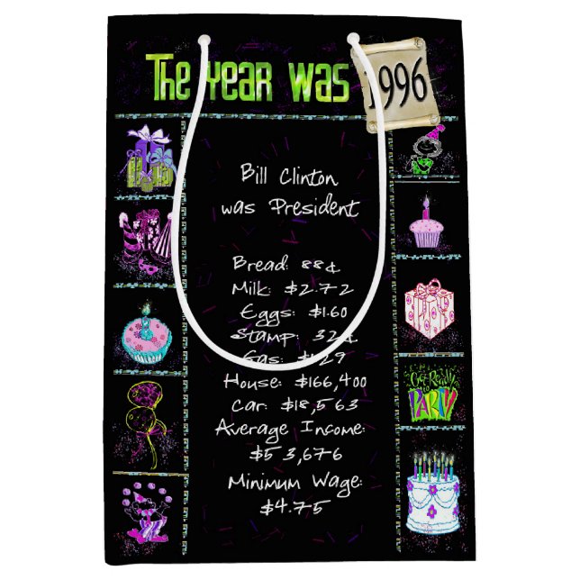 Sac Cadeau Moyen Année De Naissance 1996 Fun Trivia On Black (Devant)