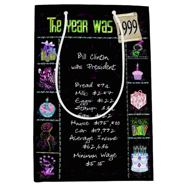 Sac Cadeau Moyen Année De Naissance 1999 Fun Trivia On Black (Devant)