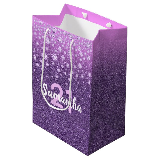 Sac Cadeau Moyen Anniversaire 21 ans paillettes violettes roses nom (Devant Angle)