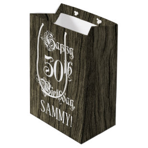 Sac Cadeau Moyen Anniversaire 50e : Fancy, Faux Wood Look + Custom