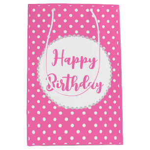 Sac Cadeau Moyen Anniversaire Blanc et Rose à pois et diamants