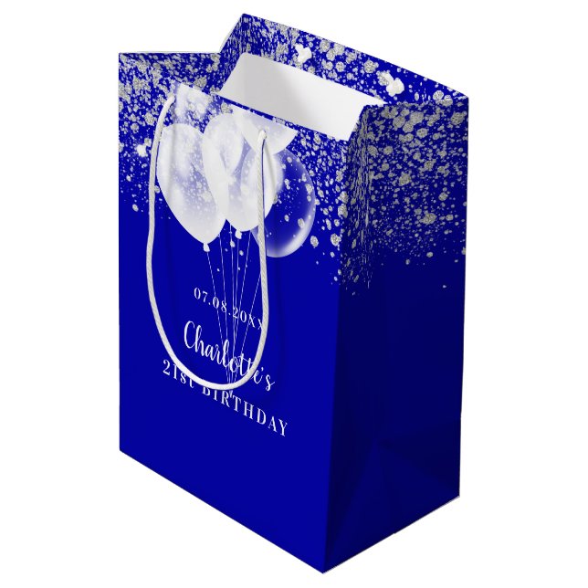 Sac Cadeau Moyen Anniversaire bleu royal blanc parties scintillant  (Dos Angle)