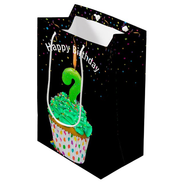 Sac Cadeau Moyen Anniversaire Bougie Point de question sur Cupcake (Devant Angle)
