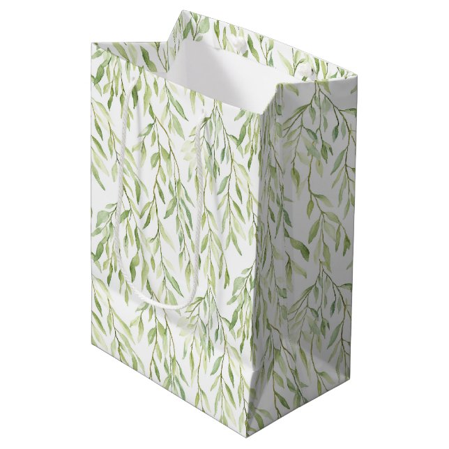 Sac Cadeau Moyen Anniversaire Chic Feuilles Vertes (Devant Angle)