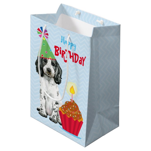 Sac Cadeau Moyen Anniversaire Cupcake Anglais Cocker Espagnol (Devant Angle)