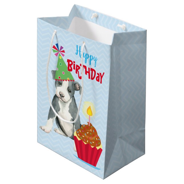 Sac Cadeau Moyen Anniversaire Cupcake Pit Bull Terrier (Devant Angle)